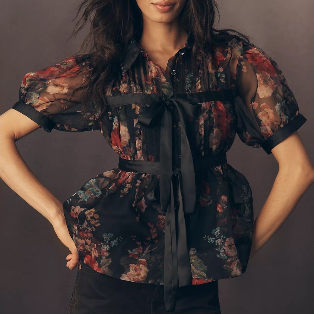 Floral Sheer Tie-Waist Blouse - Black